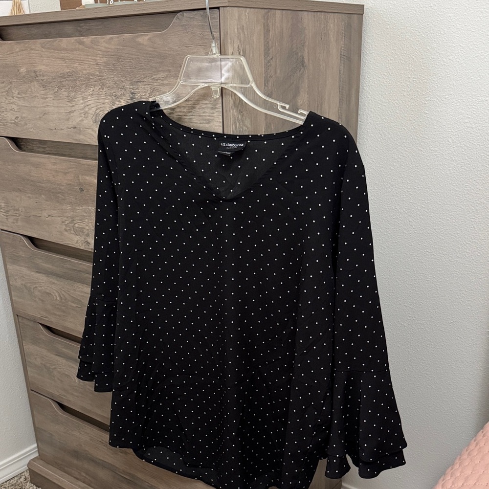 Liz Claiborne Black Blouse with White Dots